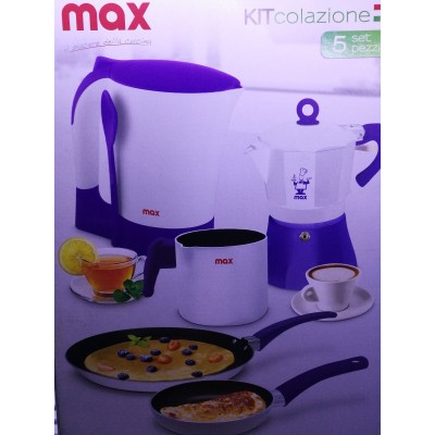 Set colazione max italia set 5 pezzi caffettiera bollitore 2 padelle bollilatte