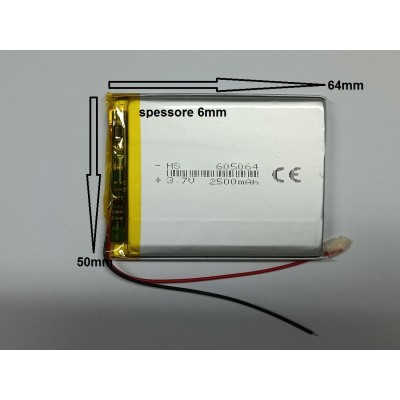 Pila al polimeri di litio a celle 3,7 volt 2500 mAh 605064 dispositivi elettrici basso drenaggio