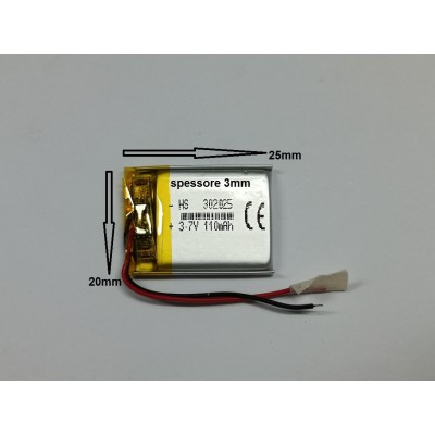 BATTERIE al polimeri di litio a celle 3,7 volt 110mAh  302025  basso drenaggio CUFFIE,ACUSTICA