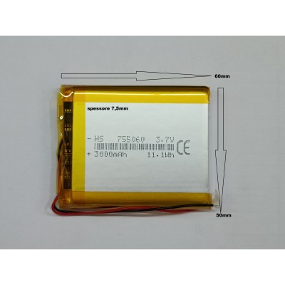 BATTERIE al polimeri di litio a celle 3,7 volt 3000mAh 755060  basso drenaggio  GPS.UPS, POWER BANK