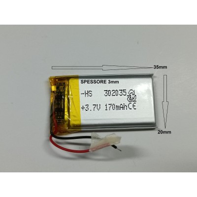 BATTERIE al polimeri di litio a celle 3,7 volt 170 mAh 302035 dispositivi elettrici basso drenaggio