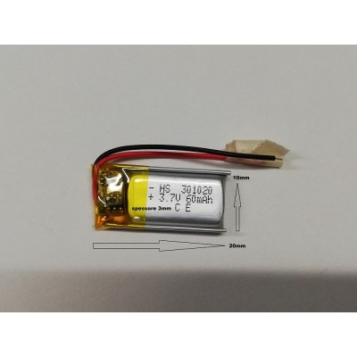 BATTERIE al polimeri di litio a celle 3,7 volt 60 mAh 301020 dispositivi elettrici basso drenaggio 2 PEZZI